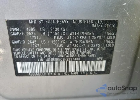 2015 Subaru Outback 2.5I Premium из США, поврежденный, VIN 4S4BSBEC8F3227408